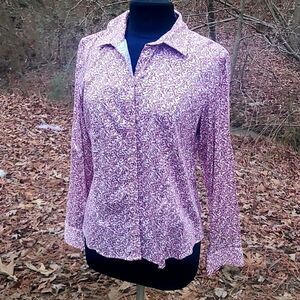 Talbots White and Purple Button Up Long Sleeves Blouse